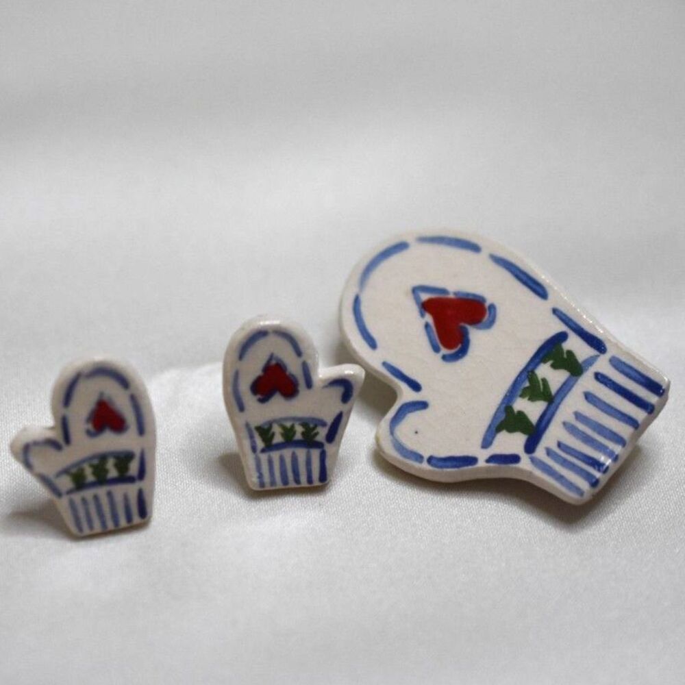 Winter Wonderland Hand Painted Ceramic Mitten Post Earrings & 13/4 " Brooch